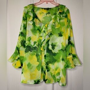 Jones New York Semi Sheer Blouse Ruffle Collar Long Sleeves Watercolor Floral